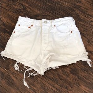 Zara Distressed White Denim High Waisted Shorts